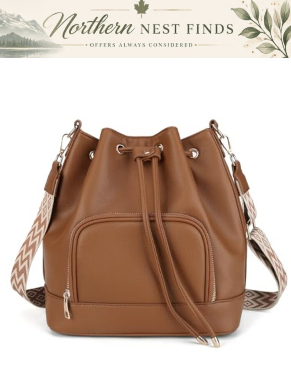 Faux Leather Bucket Crossbody Shoulder Bag with Guitar Strap Women